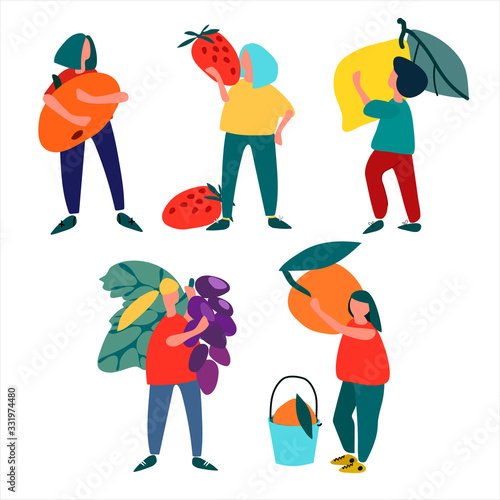 Women with fuit. Set of vector illustration in abstract flat style. Harvesting concept. Pick-your-own concept. Fresh fruit concept. Outdoor activity concept
