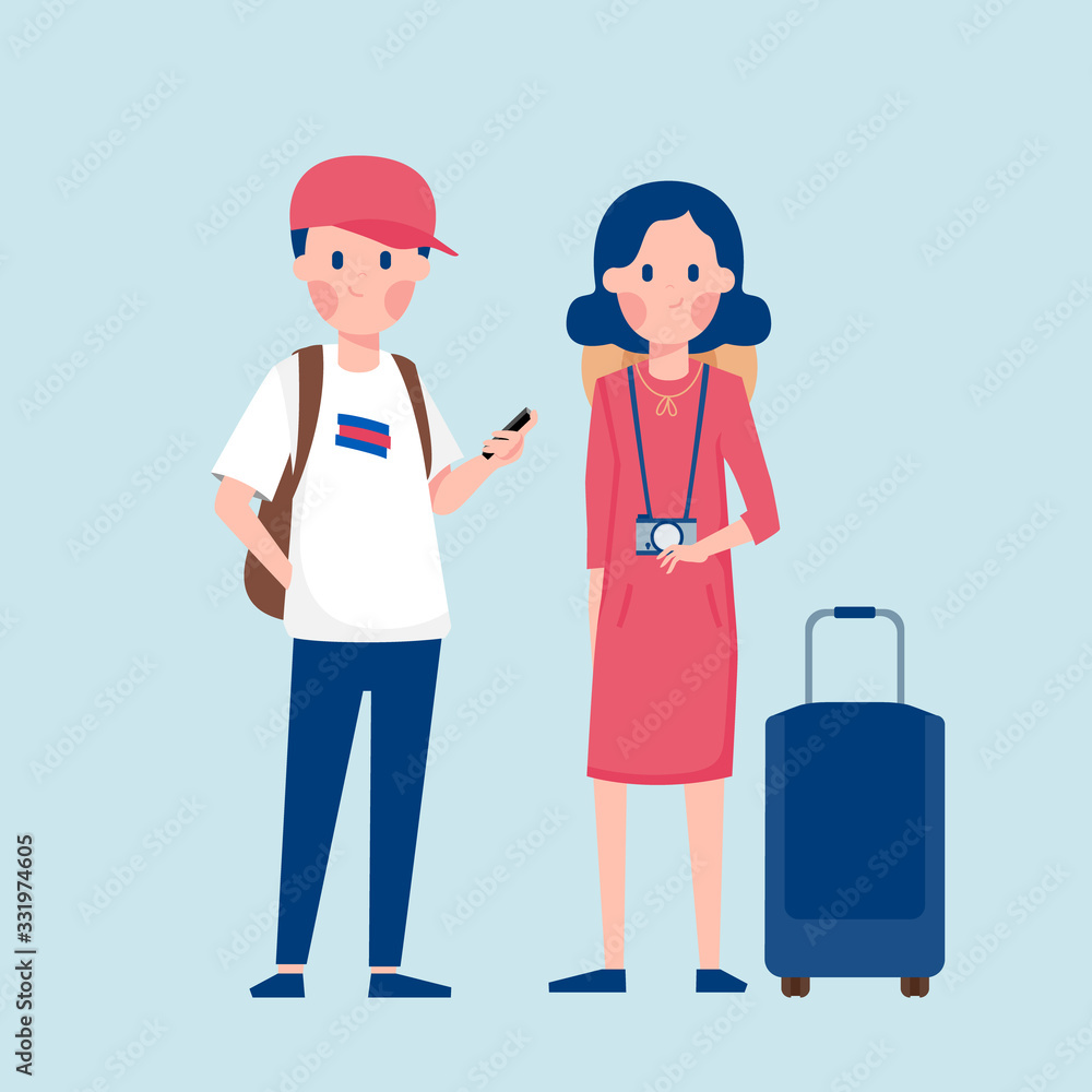 Couple of tourists with travel bag and map. Vector flat style cartoon illustration isolated on white background. Couple of tourists with travel bag and map. Vector flat style cartoon illustration isolated on white background.