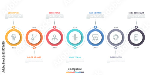 Horizontal timeline with 7 circular elements, thin line icons inside them, year indication and text boxes. Minimal infographic design template.