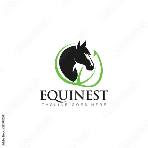 equinest logo, with head horse and abstract leaf as nest vector