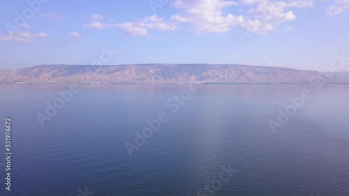 Aerial footage of Sea of Galilee in Tiberias, Israel Kinnereth Lake.