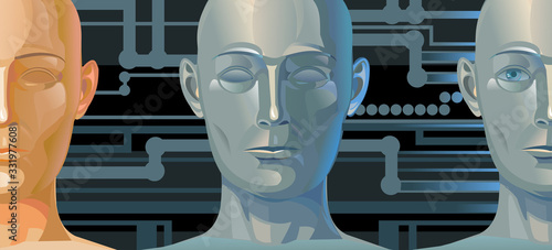 Artificial intelligence head. Vector. The face of a humanoid metal robot without emotion. Cloning: creating a clone of people. Fantasy illustration. A copy of a man made of synthetic materials.