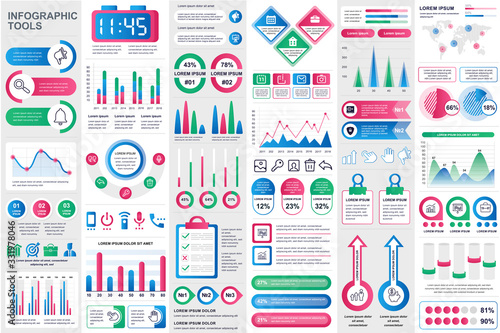Business infographic elements set in flat style. Data visualization bundle ready to use in business presentation and analytics report. Circular and linear colorful diagrams vector illustration.