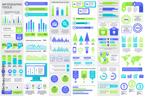 Business infographic elements set in flat style. Data visualization bundle for presentation and analytics. Colorful mosaic diagram, stock and flow charts, line and bar graphs vector illustration.