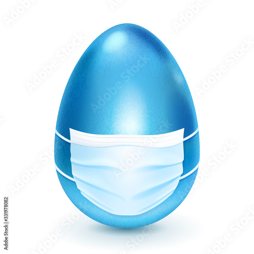 Realistic blue Easter egg with medical disposable mask on white background