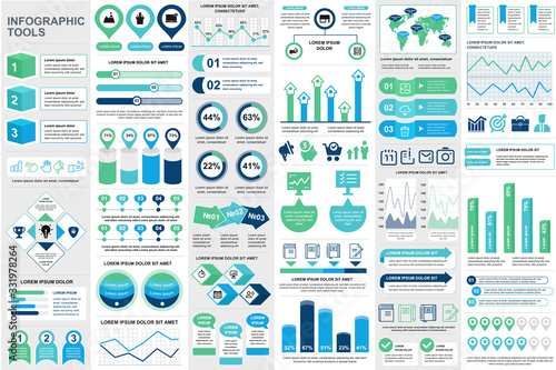 Business infographic elements set in flat style. Data visualization bundle ready to use in business presentation and analytics report. Circular and linear colorful diagrams vector illustration.