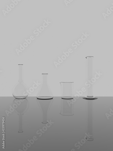 Laboratory glassware: realistic lab beaker, flask, volumetric flask and cylinder