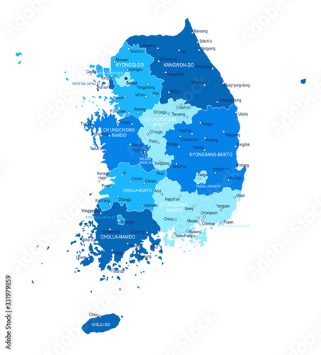 South Korea map. Cities, regions. Vector
