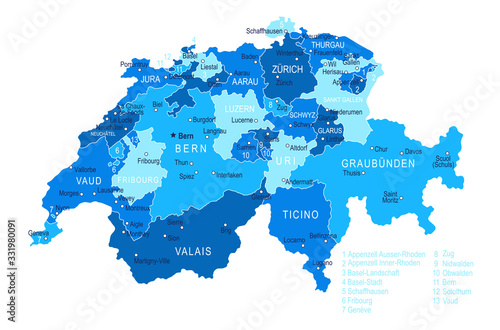 Switzerland map. Cities  regions. Vector