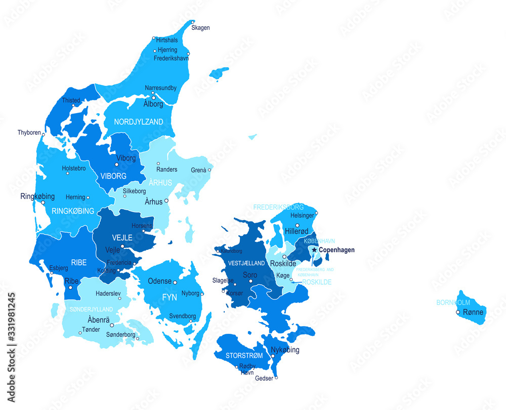 Denmark map. Cities, regions. Vector - obrazy, fototapety, plakaty 