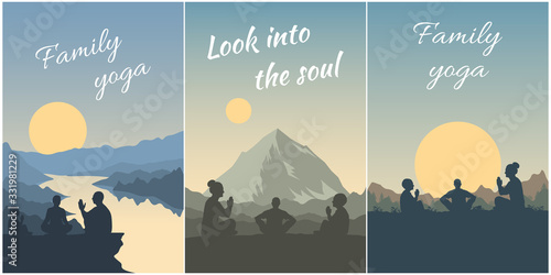 Family yoga, meditation outdoors. People in nature on the background of a mountain landscape. Concept of spring and summer practice with a child. A set of vector cards or flyers.