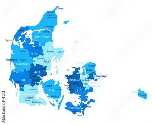 Denmark map. Cities, regions. Vector