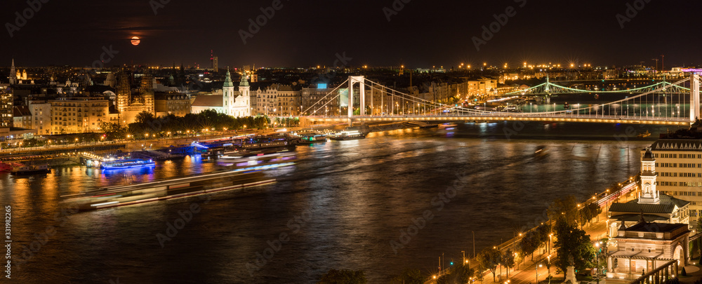 Budapest, panoramic view of the city and the Elisabeth Bridge at night, Hungary