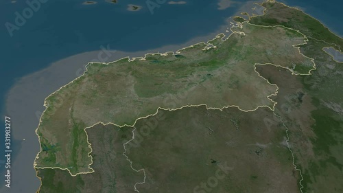 Mahajanga, autonomous province with its capital, zoomed and extruded on the satellite map of Madagascar in the conformal Stereographic projection. Animation 3D photo