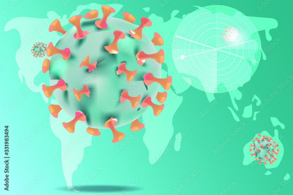 Naklejka premium Search for hand patients infected with the corona virus disease 2019 around the world.scanning patient concept,corona virus molecule icons,with map world background,vector illustration.