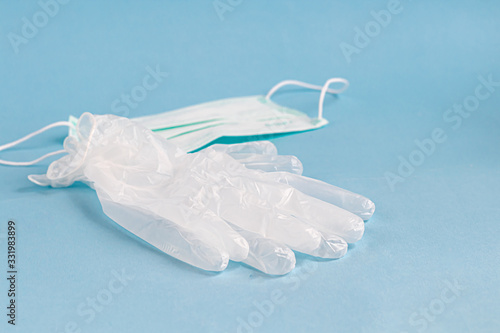 A sanitary mask helps prevent the entry of the Corona virus or other diseases. Alcoholic antiseptic cleanses hands and face from infection. Gloves, hand protection.