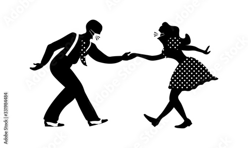 Man and woman dancing lindy hop with medical masks on their faces. Quarantine party. Vector illustration.