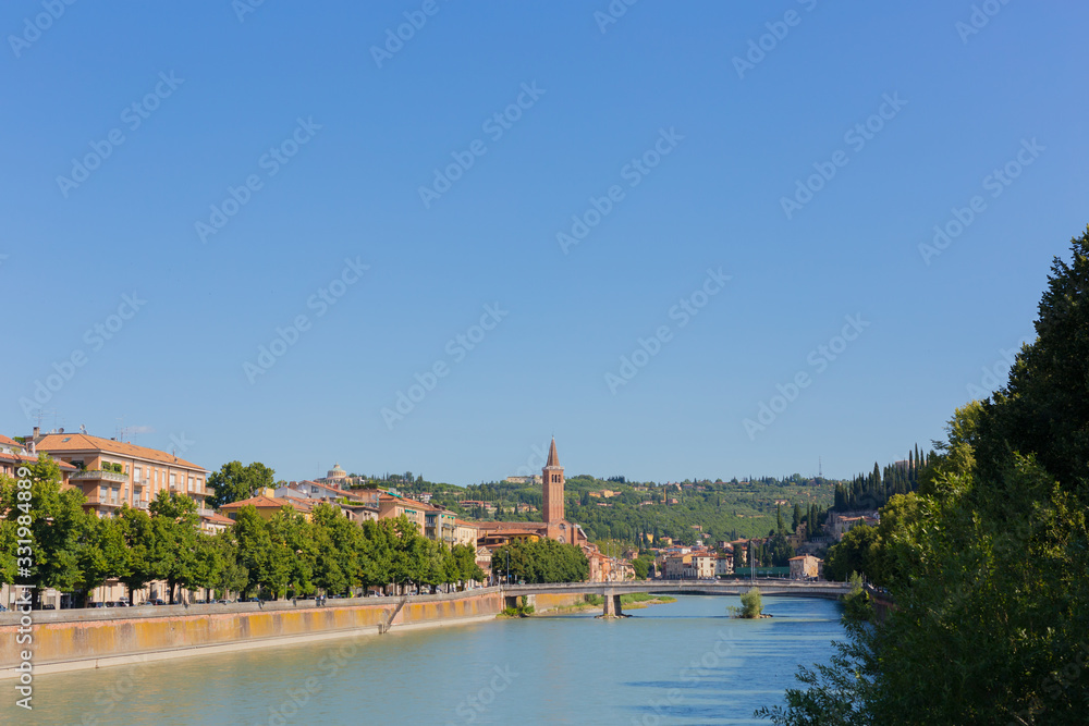 Verona. Panoramic view from the bridge. Summer sunny day. Verona. Panoramic view from the bridge. Summer sunny day.