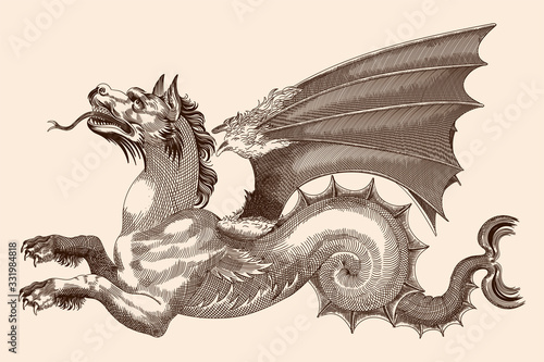 Dragon with wings, open mouth and protruding tongue. Vector drawing in the style of medieval engraving.