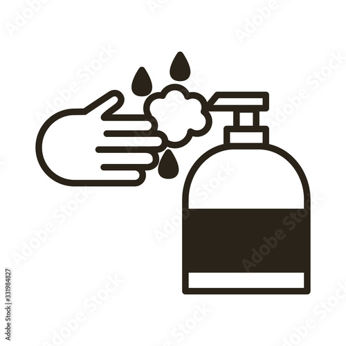 hand with antibacterial soap bottle line icon