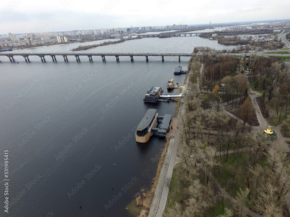 Embankment  at spring. Downtown (drone image).  Kiev, Ukraine