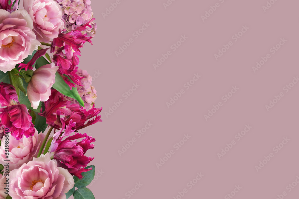 Floral banner, header with copy space. Pink roses and magenta tulips isolated on pastel background. Natural flowers wallpaper or greeting card. Floral banner, header with copy space. Pink roses and magenta tulips isolated on pastel background. Natural flowers wallpaper or greeting card.