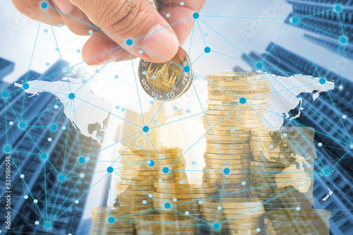 Fototapeta Naklejka Na Ścianę i Meble -  Double exposure money on network connection and city background. Elements of this images furnished by nasa