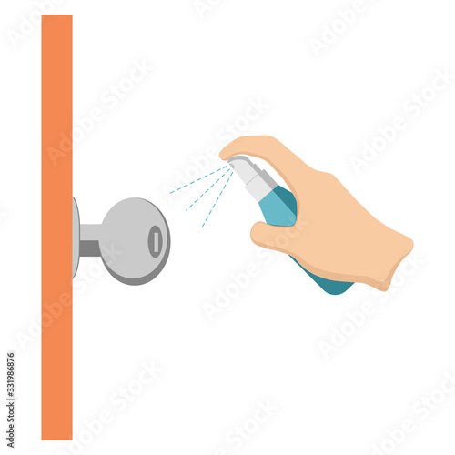 Clean the doorknob with alcohol spray. Flat design vector.