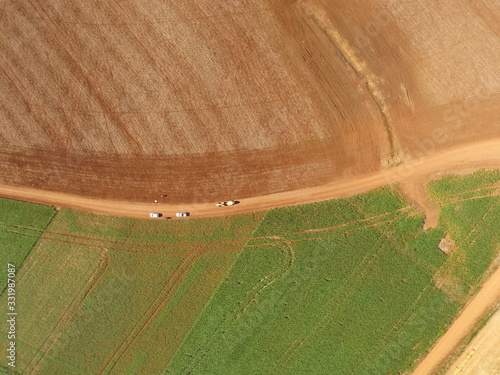 Aerial image taken by drone of two crops, one with plants and the other with exposed soil