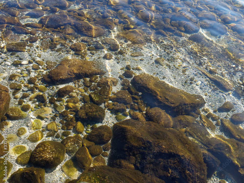 Transparent water of the Lake Neuchâtel in Switzerland. Boulders and pebbles covered with Algae at the bottom of the lake are seen through the water.