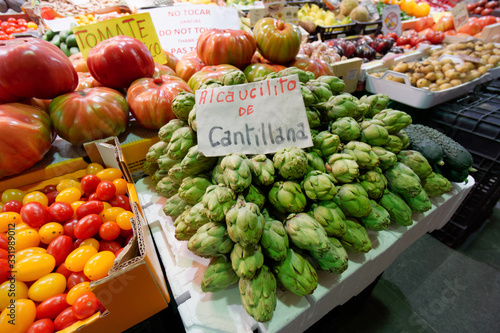 Fresh artichokes on farm market in Spain
