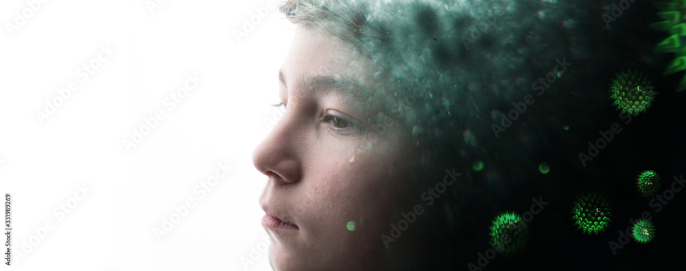 Double exposure of young crying boy with sad eyes and abstract virus strain model of MERS-Cov. Coronavirus 2019-nCov. Sick unhappy child. Healthcare, virus concept.