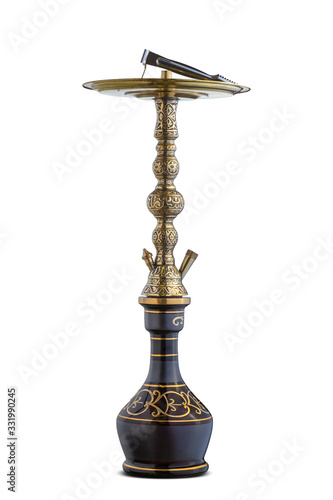 Set of water pipe or hookah, isolated on white clear background. Handcrafted traditional and engraved parts of shisha, golden pattern