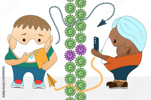 Interethnic email communication during an epidemic. Quarantined life. Isolation from viruses and bacteria. Men in medical masks are talking on the phone.