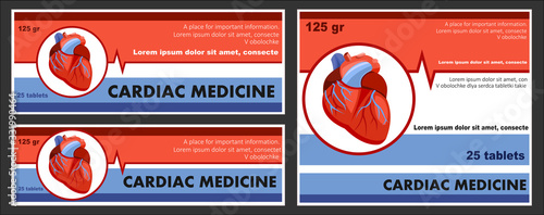 Label vector design of medicine for the heart. Packaging. Cardiological tablets. Set of concept stickers for boxes, cans, convoys. Isolated vector.