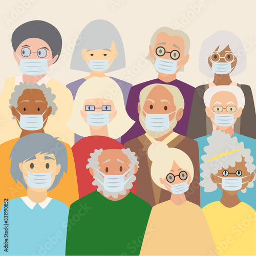 Group of seniors in medical masks to be protect from coronavirus or diseases. Group of risk coronavirus.