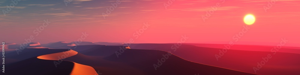Sand desert at sunset, panorama of desert dunes under the sun, 3D rendering - obrazy, fototapety, plakaty 