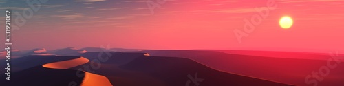 Sand desert at sunset, panorama of desert dunes under the sun, 3D rendering