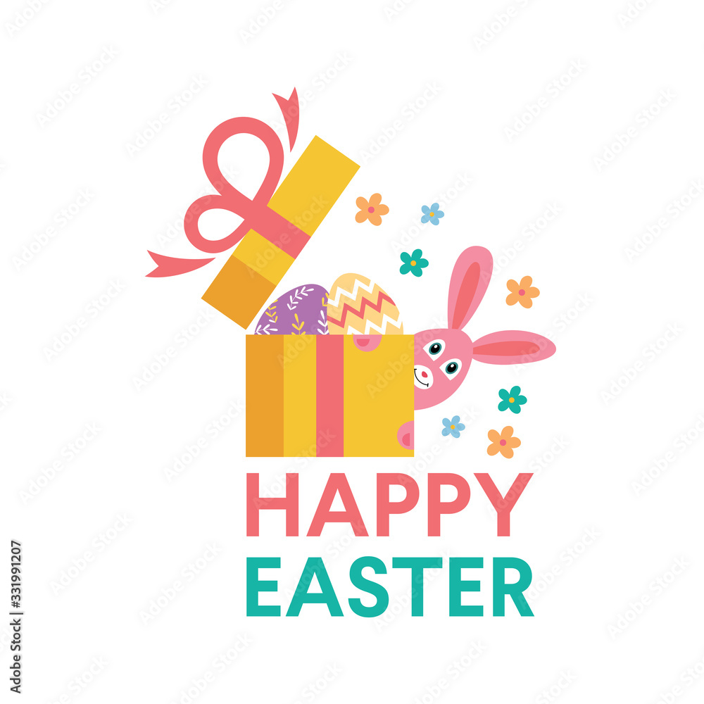 Happy Easter  Lettering Logo Icon Vector Background Template.  Gift Bunny Rabbit Graphic Design.