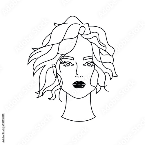 Woman with wavy hair style. Line art. Heads for avatars. Beauty salon decoration. Hand drawn illustrations. Female heads with beautiful hair. Tress.