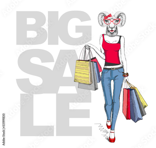Retro Hipster animal ram or mouflon. Big sale hipster poster with woman model
