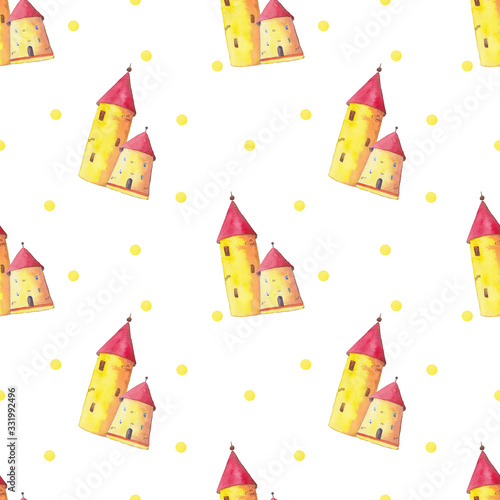 Seamless pattern of watercolor cute houses on a white background. Use for menus  children s parties and prints
