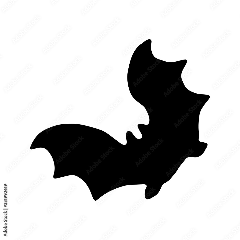 Fototapeta premium Black silhouette of bat. Vector illustration isolated on white background. Night vampire. Halloween decorative element. Spread wings. Hand drawn black vector.