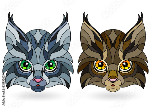 Set of illustrations of stained glass elements with animal faces, cute lynxes, isolated on white background