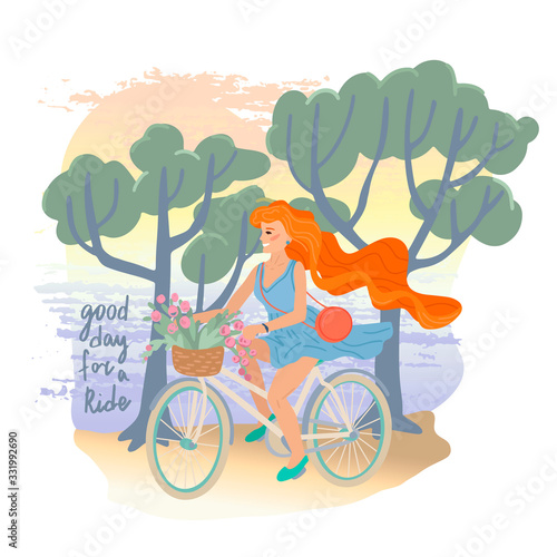 Good day for a ride. Smiling girl with long hair in dress riding a bike. Vector illustration