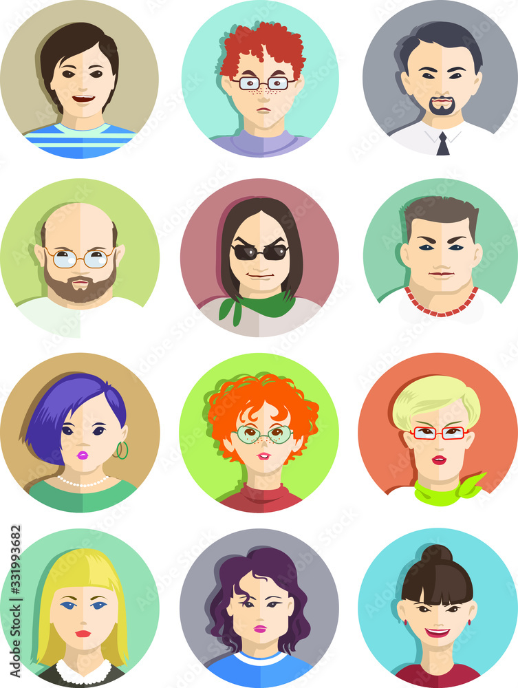 Vector cartoon. Avatars. Set of funny portraits of people in round frames. Young men and women. Students or businessmen. Vector cartoon. Avatars. Set of funny portraits of people in round frames. Young men and women. Students or businessmen.