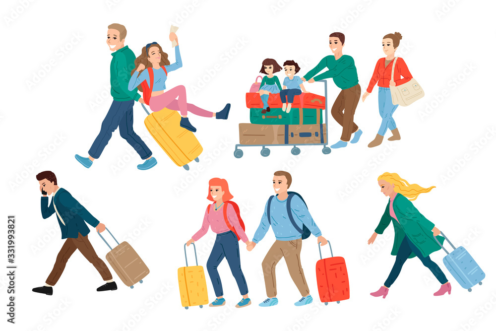 People in airport terminal. Family travel concept. Vector cartoon illustration