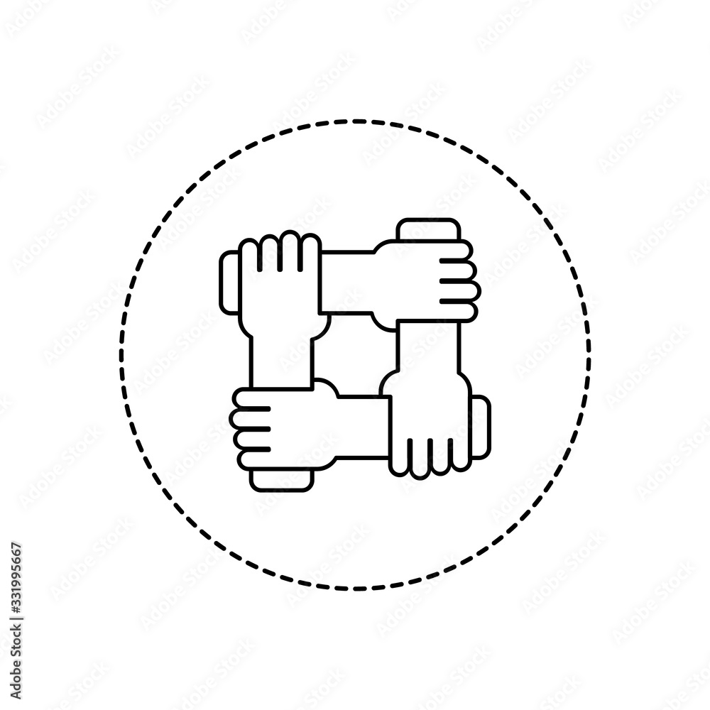 Teamwork line icon in a circle. Four hands holding together. Business success. Equality, unity, community concept. Partnership and fairtrade thin outline sign. Vector illustration, flat style,clip art Teamwork line icon in a circle. Four hands holding together. Business success. Equality, unity, community concept. Partnership and fairtrade thin outline sign. Vector illustration, flat style,clip art