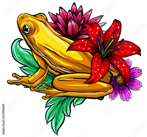 tropical Frog with flowers vector illustration image photo