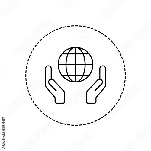 Two hands holding globe line icon in a circle. Fair trade business idea. Environmental protection. Save the earth symbol. Eco friendly concept. Sustainability. Vector illustration, flat style,clip art